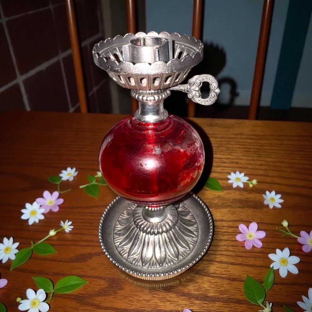 Vintage Hollywood Regency Candle Holder with red glass